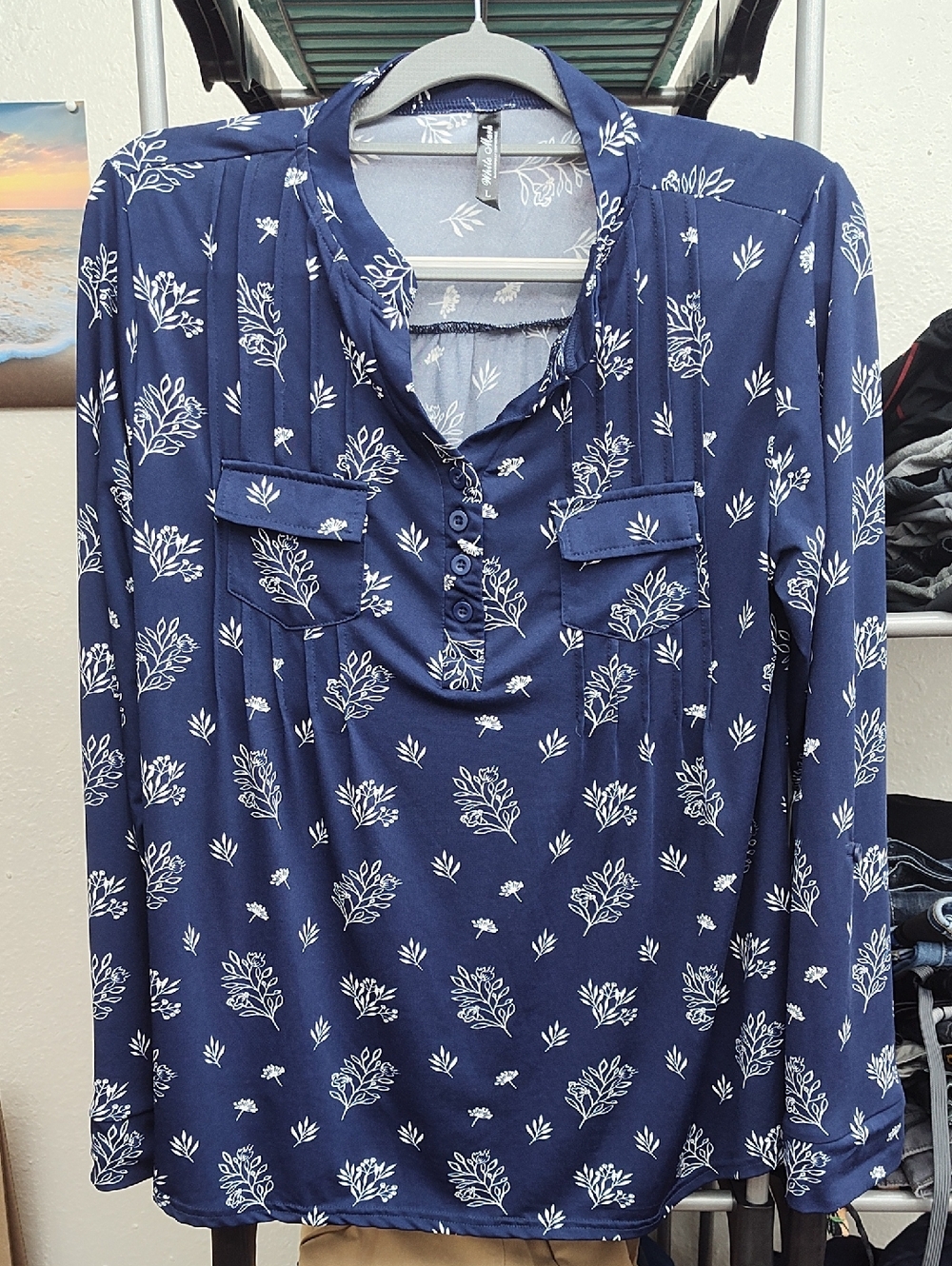 White Mark Navy Blue Floral Henley Long Sleeve Top